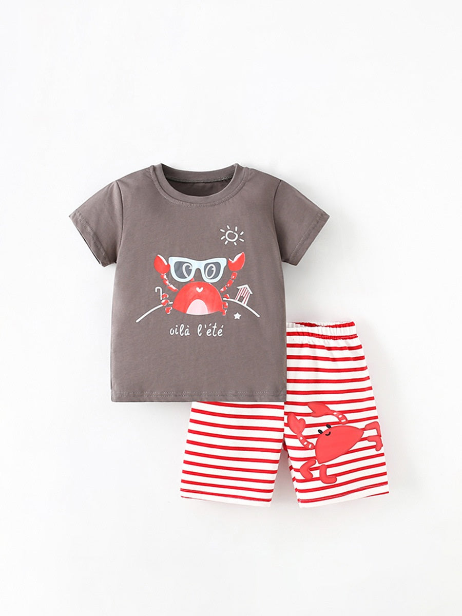 Summer Baby Kids Girls Crab Cartoon Pattern Short Sleeves T-Shirt And Striped Shorts Casual Clothing Set-0