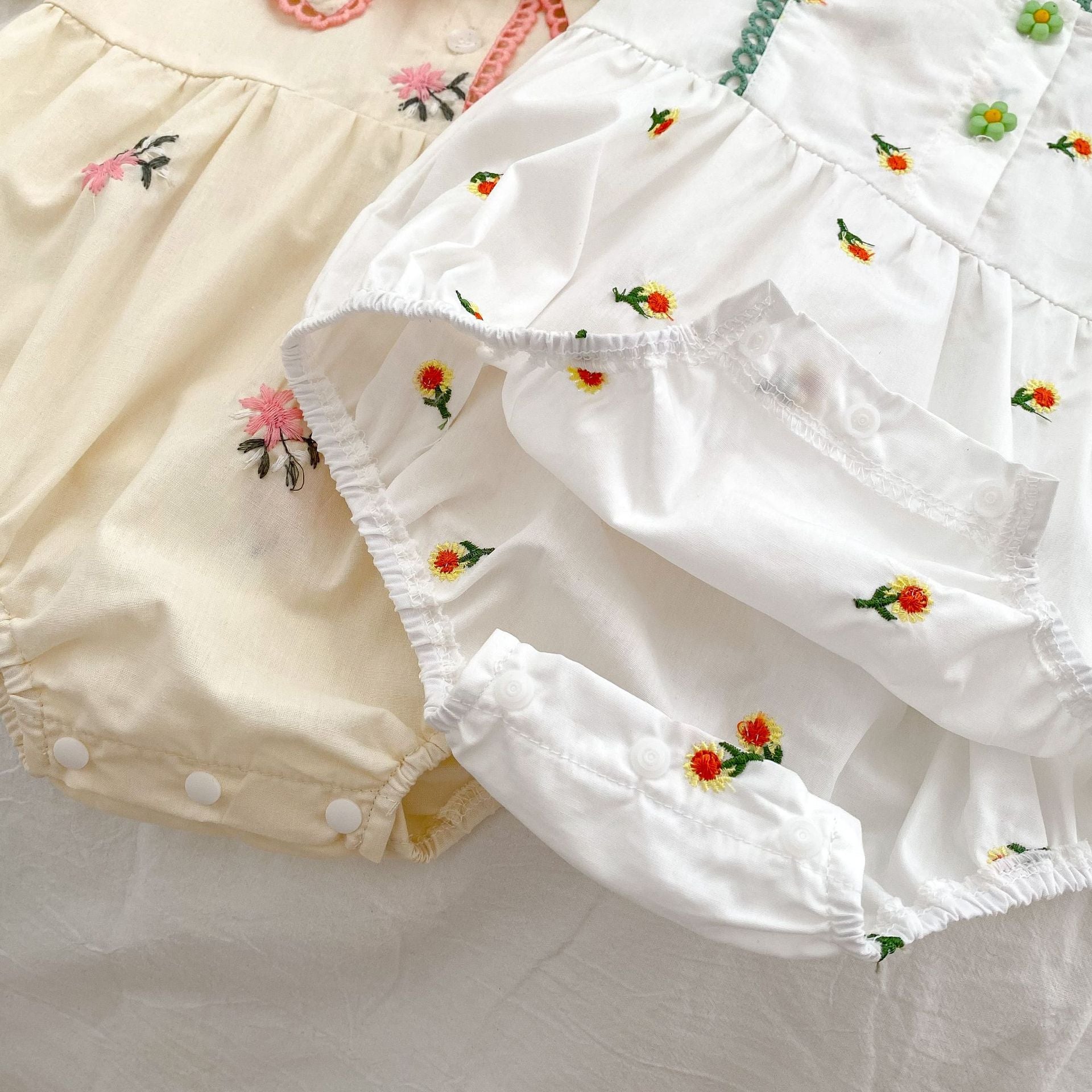 Baby Girl Flower Embroidered Pattern Round Neck Onesies-5