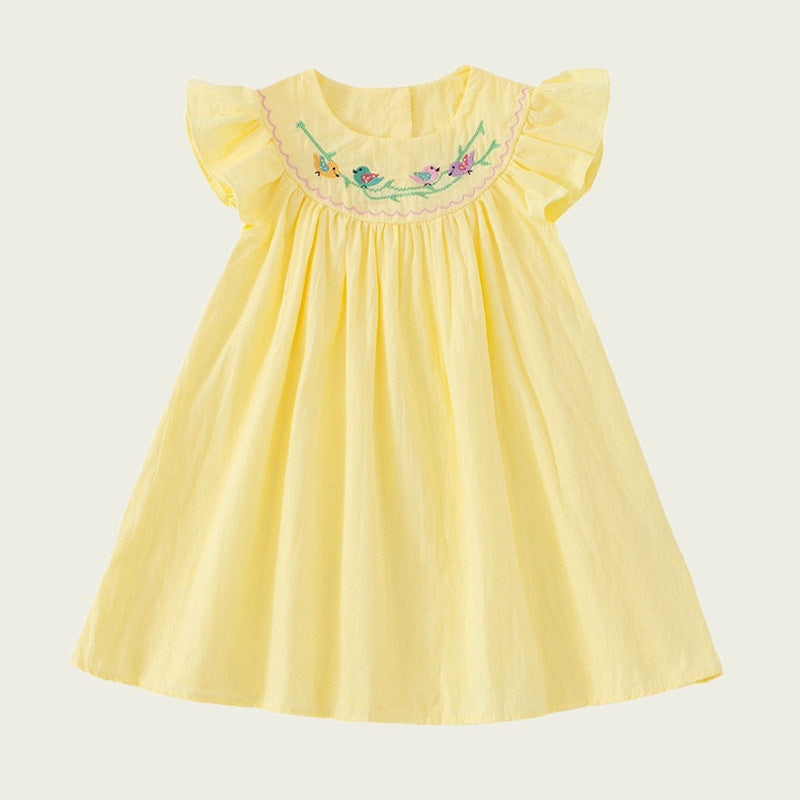 Summer Baby Kids Girls Sleeveless Birds Embroidery Yellow Dress-0