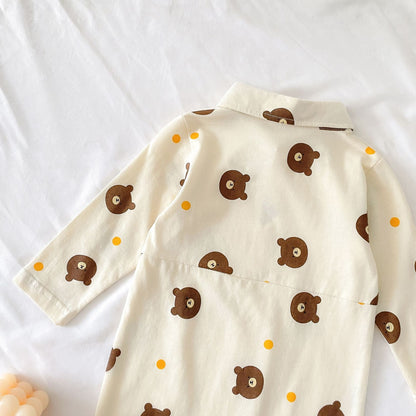 Baby Boy Bear Pattern Long Sleeve Polo Collar Long Romper-5