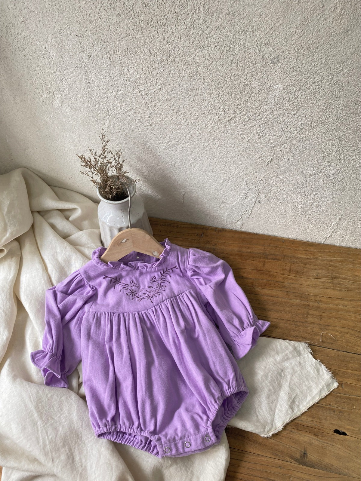 New Arrival Baby Girls Purple Long Sleeves Vine Embroidery Onesie-5