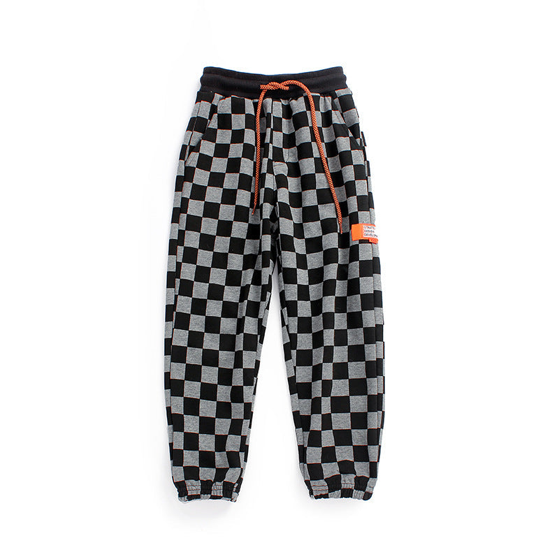 Baby Boy Checkerboard Print Pattern Fleece Thickened Pants-0