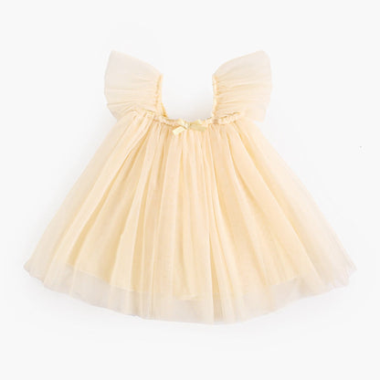 Summer New Arrival Baby Girls Holiday Solid Color Princess Square Neck Mesh Strap Dress-3