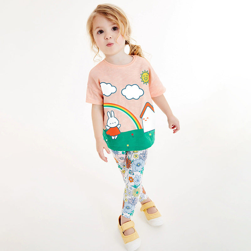 Girls Sunny Day Cartoon T-Shirt And Floral Pants Set-1