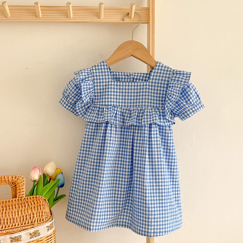 Baby Plaid Pattern Square Neck Puff Sleeves Onesies &amp; Dress-5