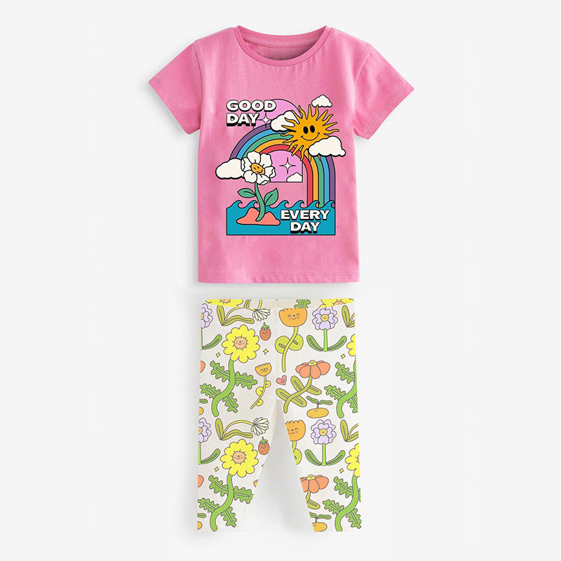 Girls Sunny Day Cartoon T-Shirt And Floral Capri Pants Set-4