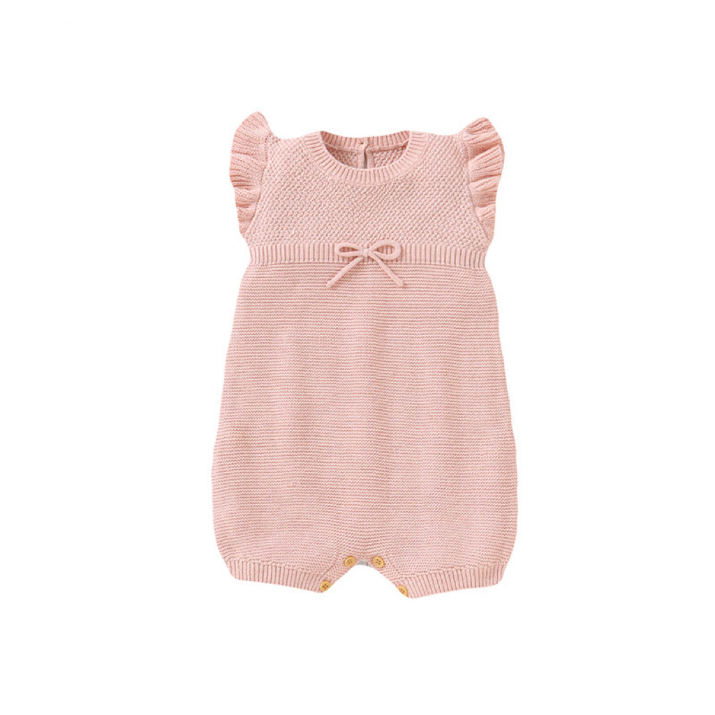 Baby Solid Color Flying Sleeves Sweet Knitted Rompers-5