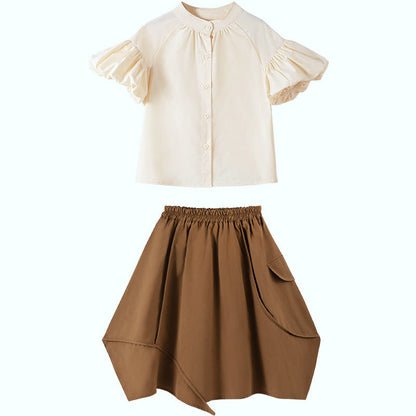 Summer Hot Selling Girls Solid Color Single Breasted Short Sleeves Shirt And Irregular Skirt Clothing Set-0