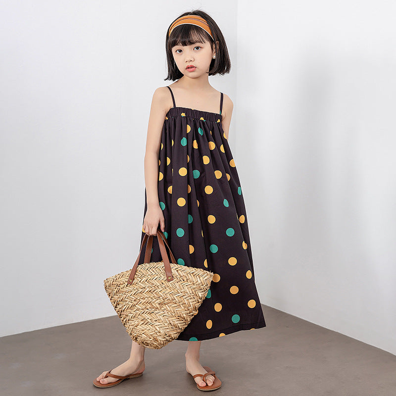 Girls Colorful Polka Dot Pattern Sling Quality Long Dress-4