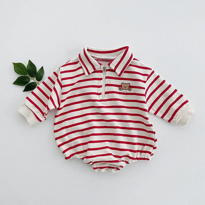 Baby Striped &amp; Cartoon Patched Graphic Polo Neck Long Sleeves Bodysuit Onesies-5