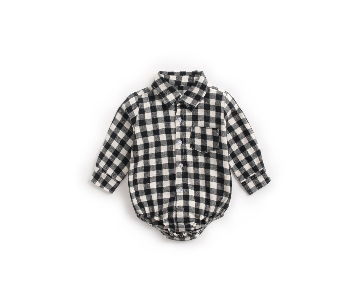 Baby Boy Plaid Pattern Buttoned Shirt With Pockets Long Sleeve Onesies In Autumn-4