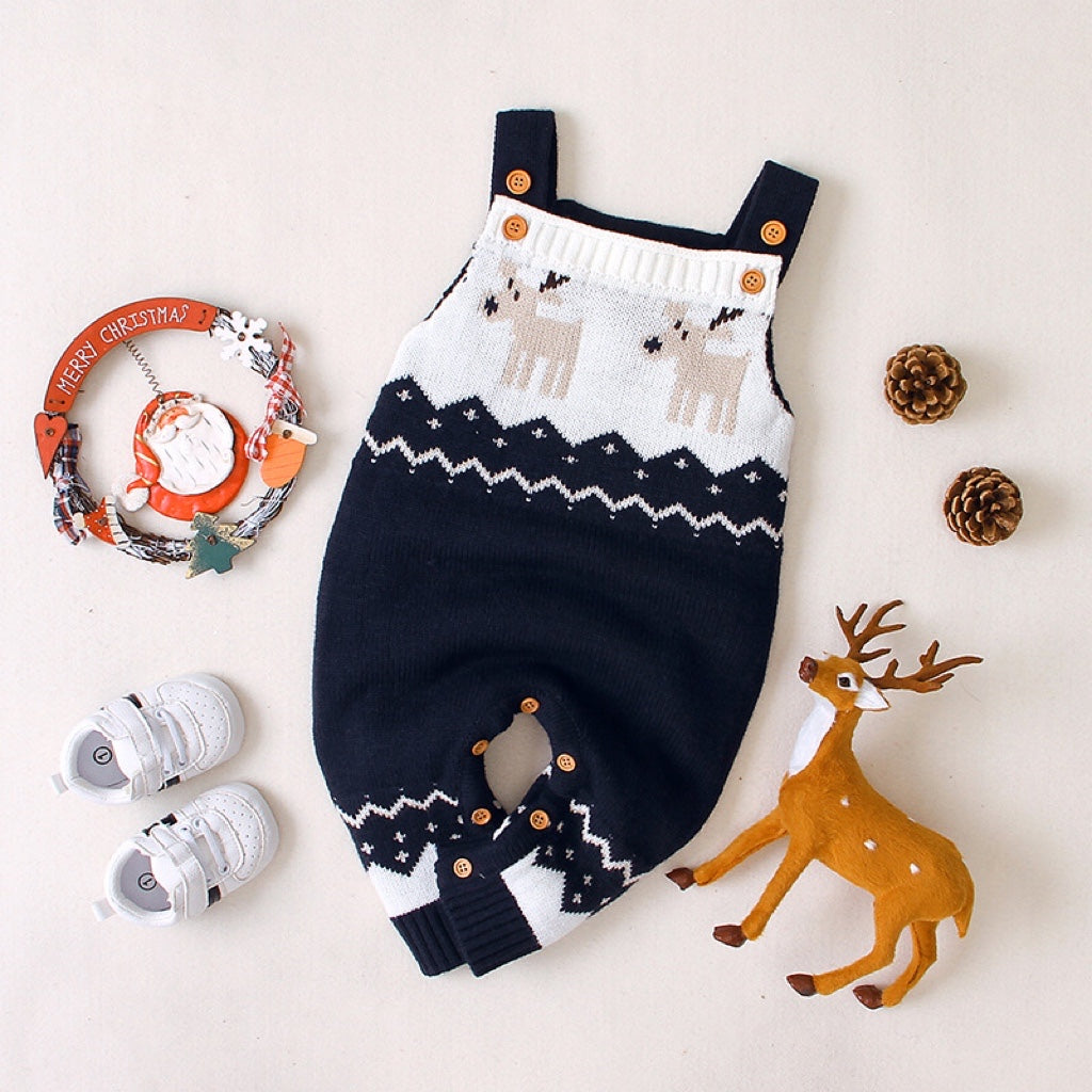 Baby Christmas Elk Pattern Srappy Design Sweater Rompers-4