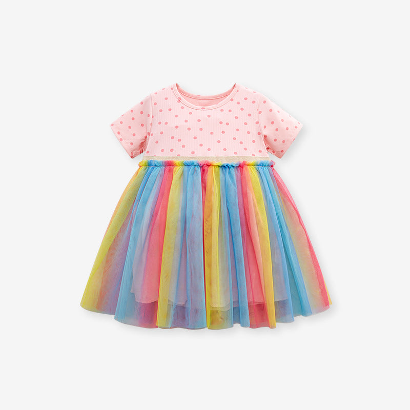 Spring And Summer Baby Girls Short Sleeves Polka Dots Rainbow Chiffon Dress-4