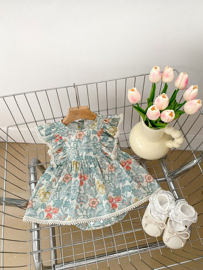 New Arrival Summer Baby Girls Flowers Print Fly Sleeves Onesies Dress-4