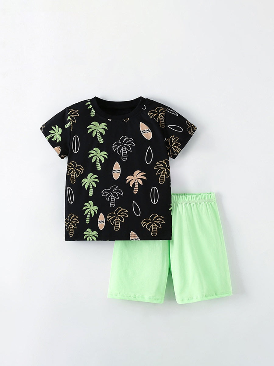 Summer Baby Kids Unisex Tropical Coconut Tree Pattern Short Sleeves T-Shirt And Solid Color Shorts Casual Clothing Set-0