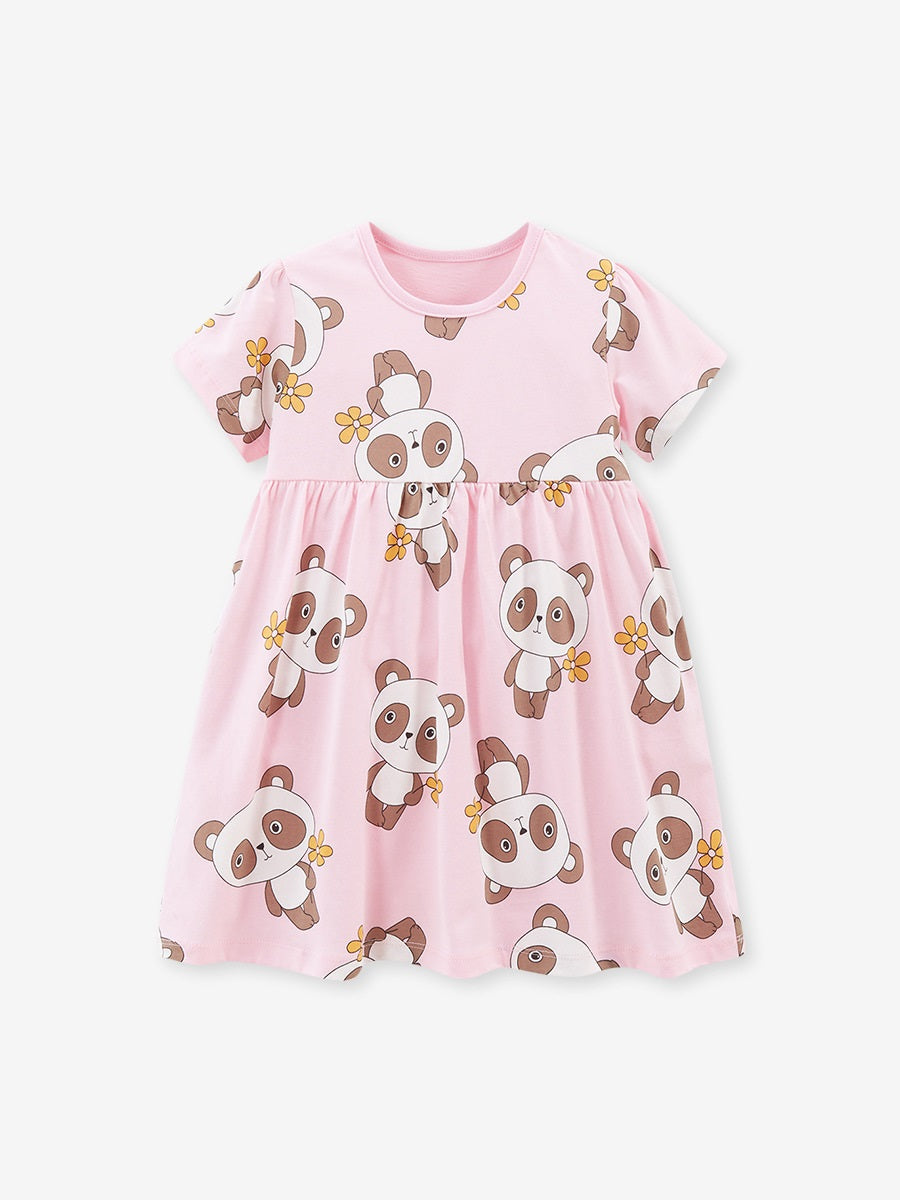 Spring And Summer Baby Girls Pink Short Sleeves Panda Animals Collection Dress-4