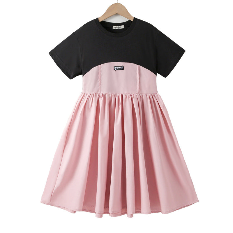 New Arrival Summer Kids Girls Fashion Color Patchwork Cotton Short Sleeves Dress-0