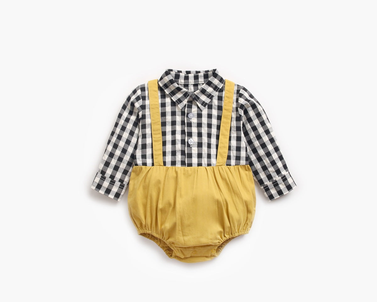 Baby Boy 1pcs Plaid Pattern False 1 Pieces Design Lapel Bodysuit Onesies-5