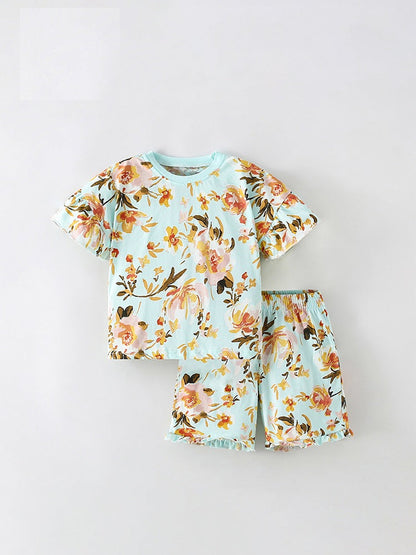 Summer Baby Kids Girls Floral Print Short Sleeves T-Shirt And Shorts Casual Clothing Set-0