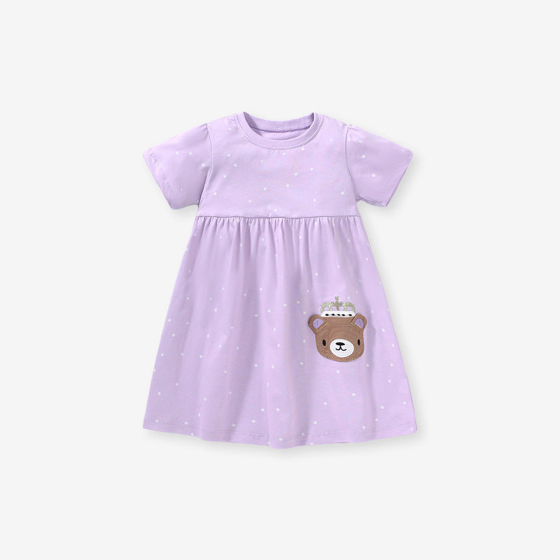 Summer Baby Kids Girls Short Sleeves Purple Dress With White Dots-0