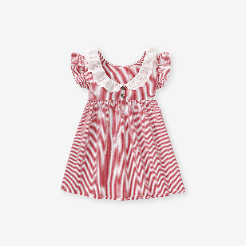 Spring And Summer Baby Girls Ruffle Collar Short Sleeves Striped Dress-5