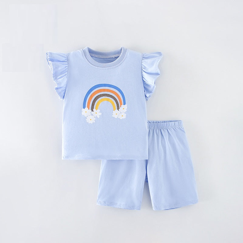 Summer Baby Kids Girls Floral Rainbow Print T-Shirt And Shorts Clothing Set-4