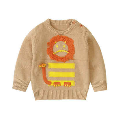 Baby Cartton Lion Emroidered Pattern Pullover Sweater-5