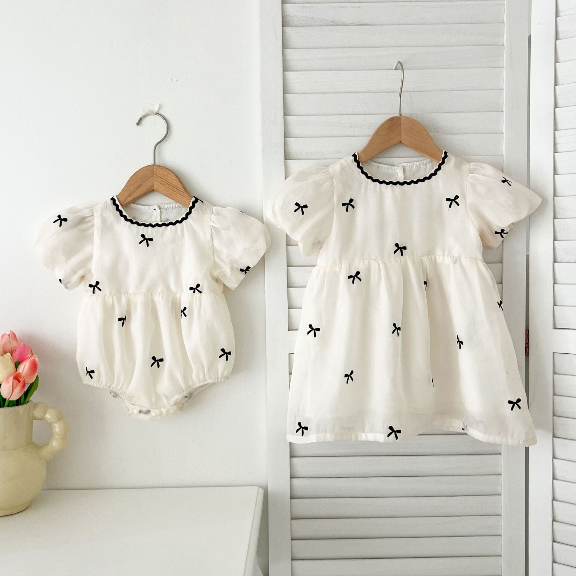 Summer Baby Kids Girls Butterfly Bows Pattern Short Sleeves Crew Neck Onesies And Girls’ Dress – Princess Sister Matching Set-4