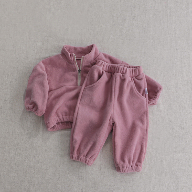 Baby Solid Color Double Sided Fleece Stand Collar Sweater Sets-5