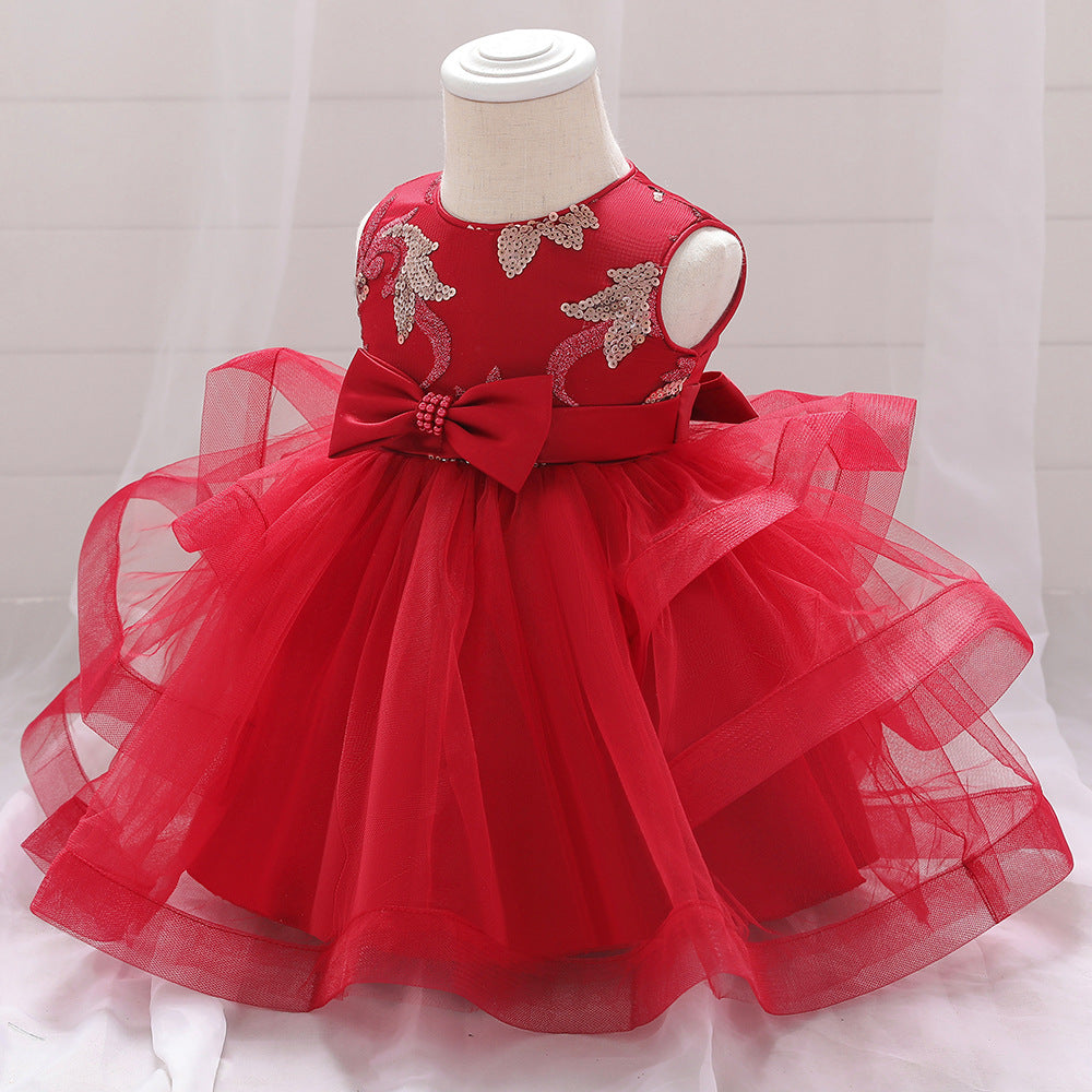 Baby Girl Sequins Patched Design Sleeveless Tutu Style Baptism Birthday Dress-4