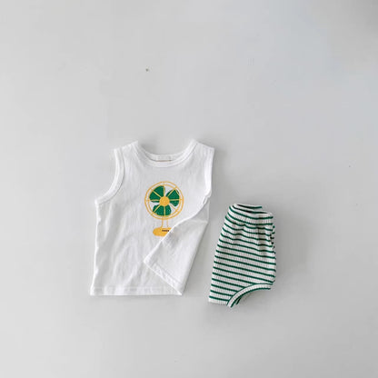 Summer Baby Kids Unisex Cartoon Pattern Top Vest And Striped Bloomers Clothing Set-4