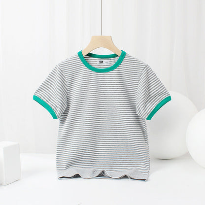 Baby Striped Pattern Crewneck Short Sleeve Cotton T-Shirt-5