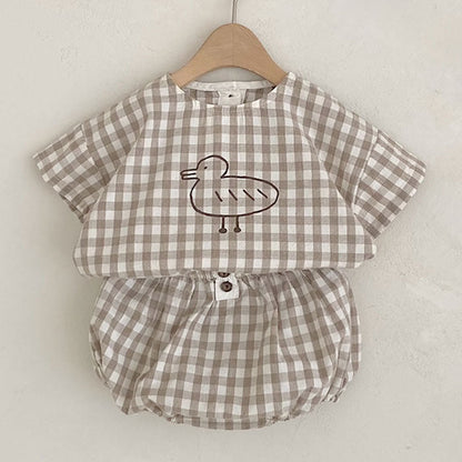 Baby Girl Plaid Polka Dot Pattern Duckling Print Short Sleeved Top Combo Pants Sets-5