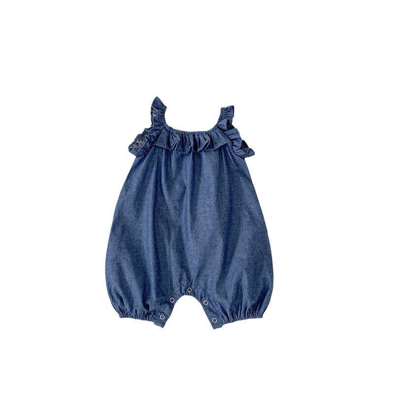 Baby Girl Solid Color Ruffle Design Denim Sleeveless Strap Bodysuit Onesies-5