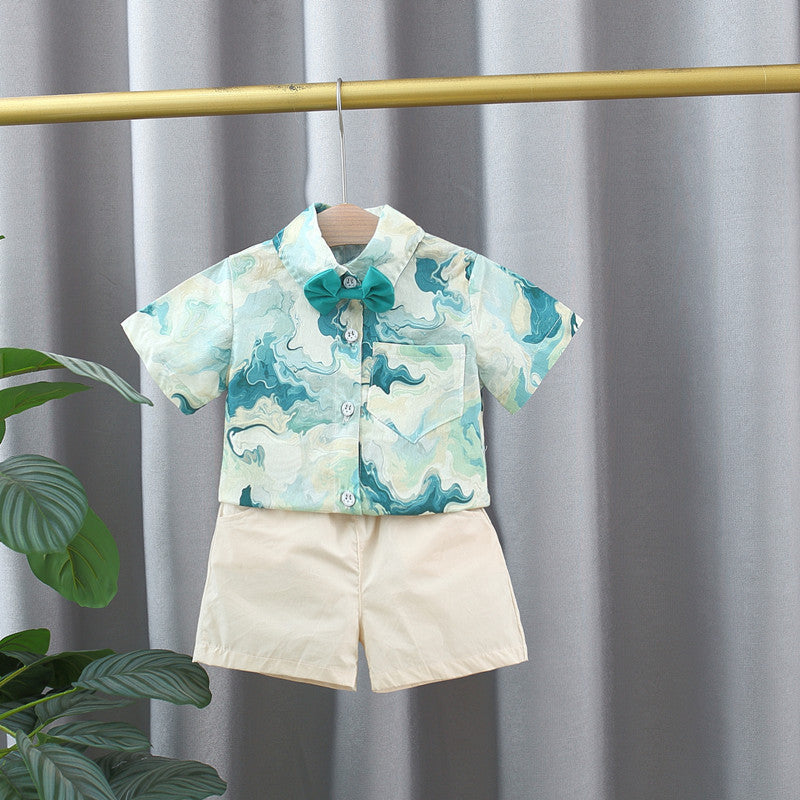 Summer Baby Kids Boys Green Tie-Dyed Turn-Down Collar Short Sleeves Shirt And Solid Color Shorts English Clothing Set-0