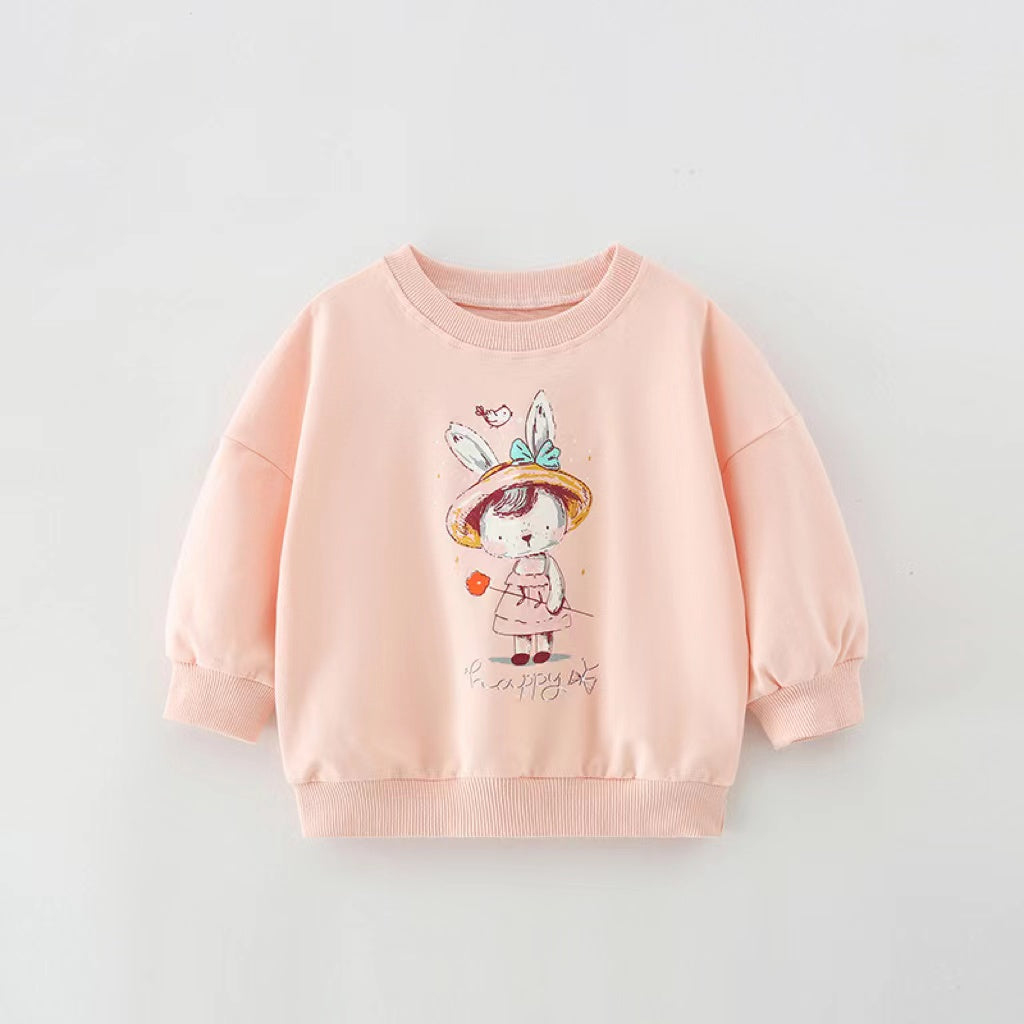 Baby Girl Cartoon Print Pattern Loose Pullover Round Neck Hoodies-0