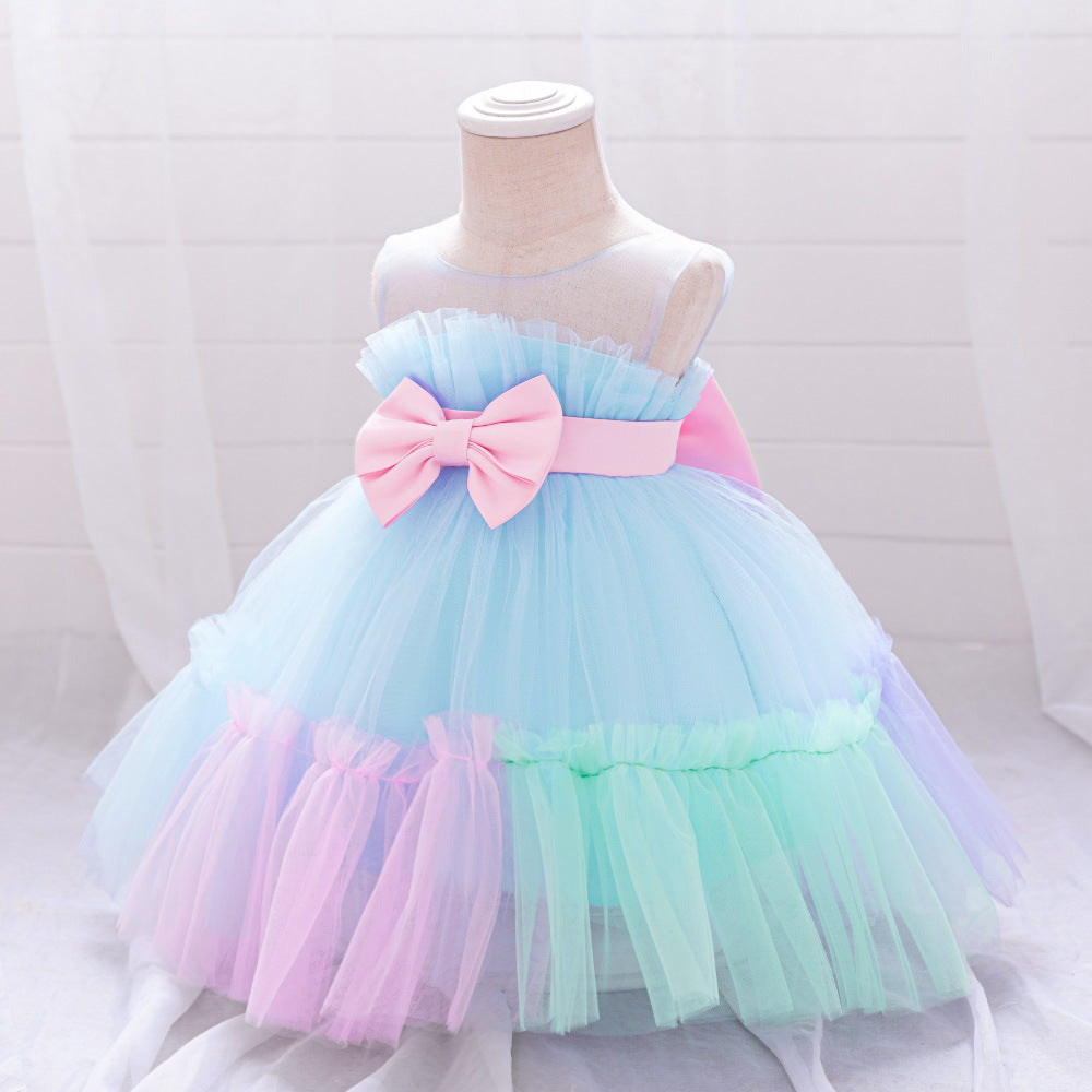 Summer Baby Kids Girls Princess Crew Neck Sleeveless 3D Butterfly Bow Colorful Mesh Dress-1
