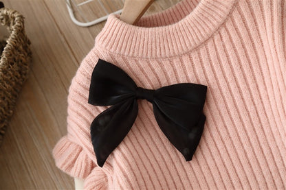 Baby Solid Color Bow Patched Sweater With Pants Sets-5