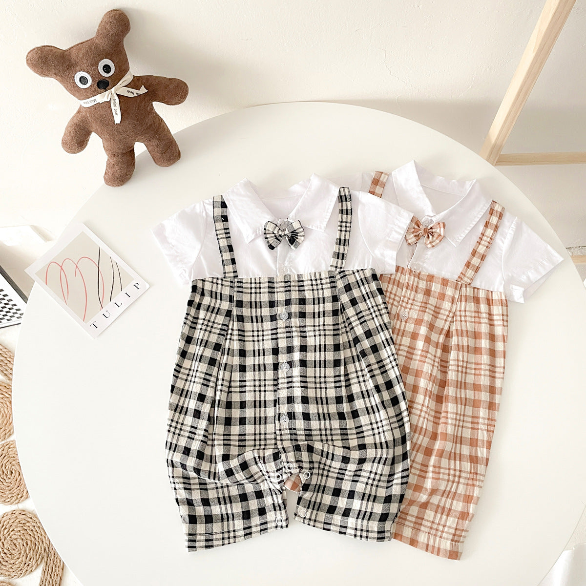 Baby Boy Plaid Pattern Polo-Neck Rompers-0