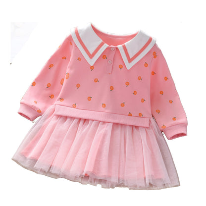 Baby Girl Fruit Pattern College Style Lapel Design Mesh Patchwork Dress-4