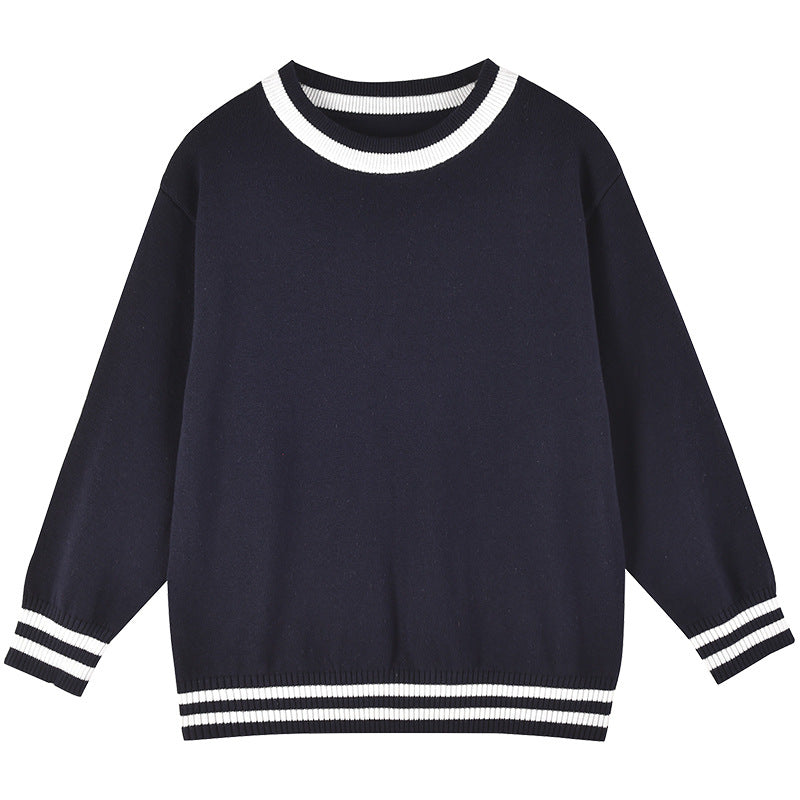 Baby Solid Color Striped Hem Design O-Neck Knit Sweater-5