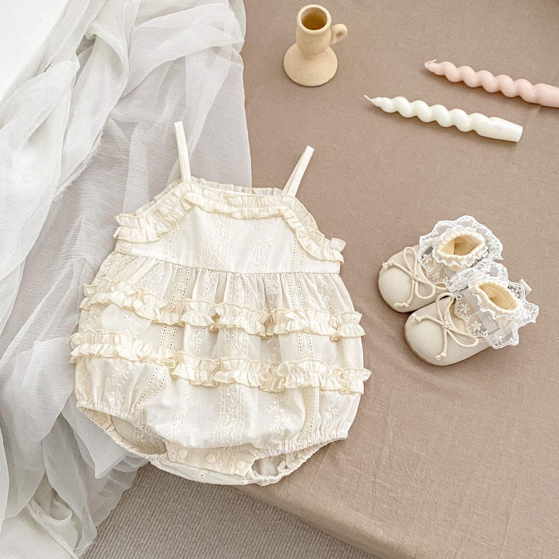 New Arrival Summer Baby Kids Girls Flowers Embroidery Hollow Out Sleeveless Strap Onesies-4
