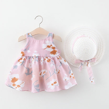 Baby Flower Pattern Bow Patched Design Sling Dress In Summer With Hat-5