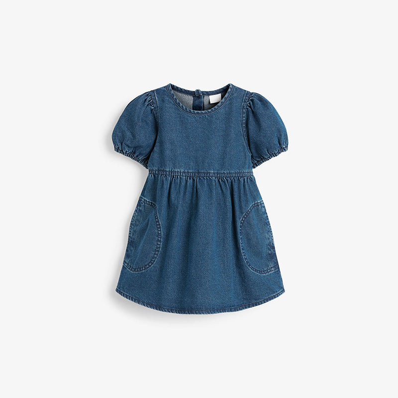 Baby Girl Solid Color Puff Sleeve Loose Denim Dress-0