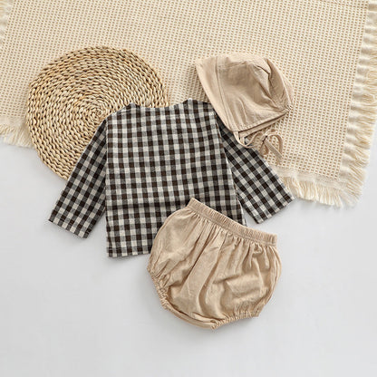 Baby Plaid Graphic Tops And Solid Shorts With Hat 1Pieces Sets-5