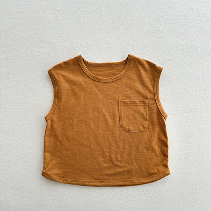 Refreshing Sleeveless Summer New Children’s Vest, Unisex Baby Bamboo Cotton Casual Pocketed Top-3