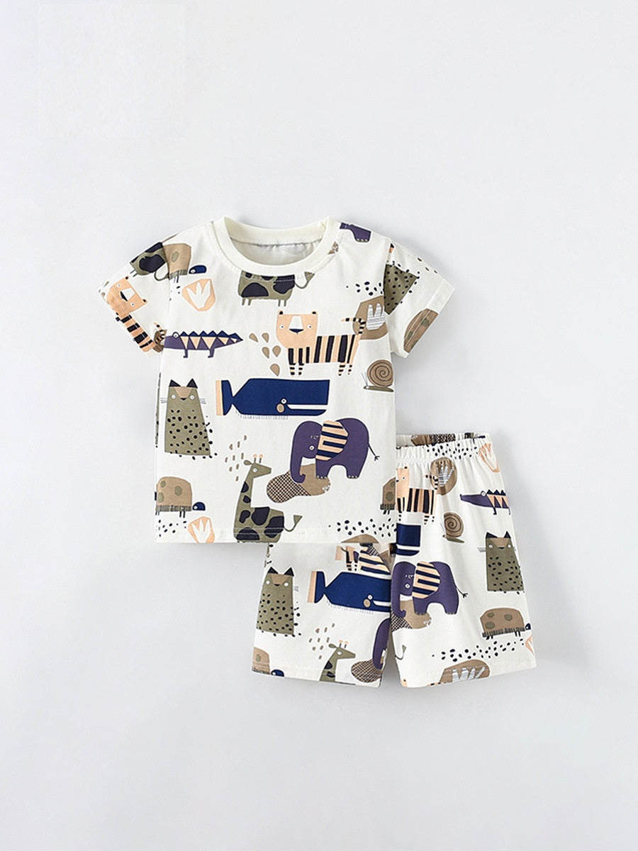 Summer Baby Kids Unisex Abstract Animals Cartoon Pattern Short Sleeves T-Shirt And Shorts Casual Clothing Set-0