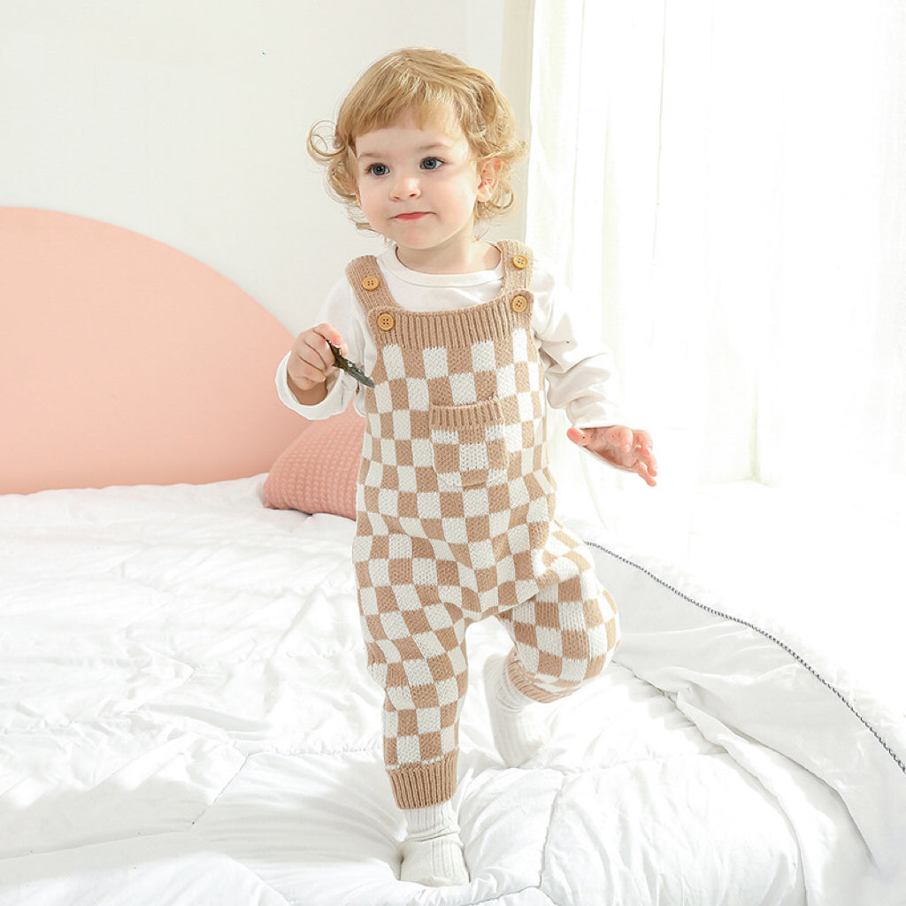 Baby Checkerboard Pattern Strap Design Knit Spring Autumn Rompers-0