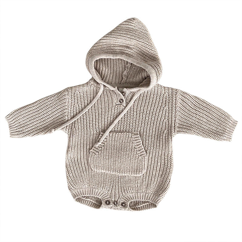 Baby Solid Color Knitted Hooded Triangle Onesies-5