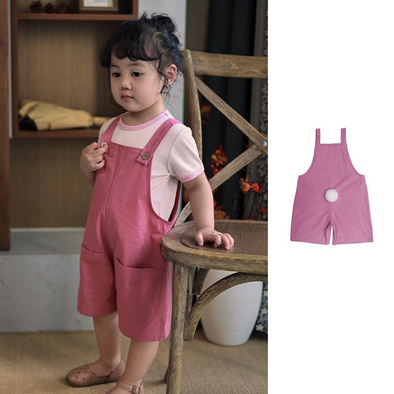 Hot Selling Summer Baby Kids Girls Pink Comfy Cute Rabbit Tail Overalls-0